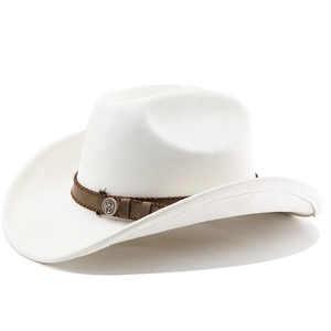 Detailed close-up of white wool western cowboy hat with brown leather band and metal buckle