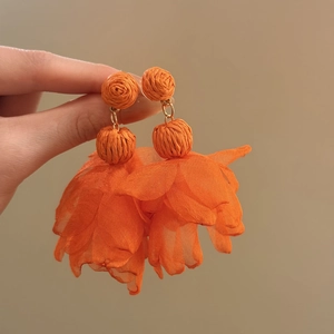 Handmade orange chiffon flower earrings with raffia beads for elegant beach vacation