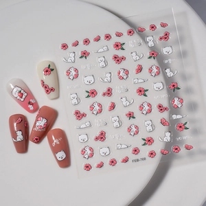 5D embossed nail art stickers featuring white kittens, pink flowers and strawberries