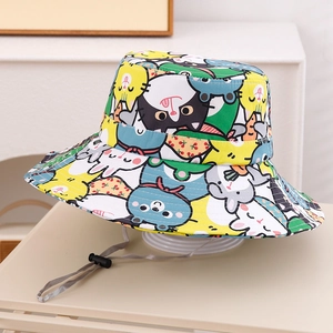 Detail of children's bucket hat with cartoon animal prints and adjustable windproof cord