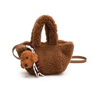 Brown teddy fleece mini bucket bag with dog pendant and crossbody strap for women
