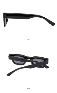 Detail view of black rectangular punk sunglasses showing side and back angles