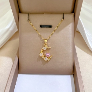 Crescent Moon Copper Pendant Necklace Gold Stainless Steel Chain With Pink Heart Zircon Jewelry For Women