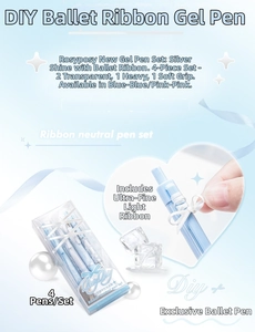 Detailed close-up of hands tying a ribbon on a ballet-themed DIY aesthetic gel pen set