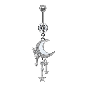 Silver crescent moon belly button ring with white shell inlay and dangling star chains