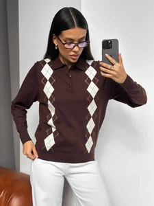Brown long-sleeved polo knit sweater with white argyle pattern and buttoned neckline