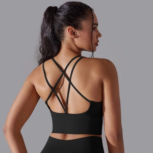 Gros plan sur un brassière de sport noire côtelée avec plusieurs bretelles croisées au dos