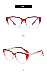 Front and 45-degree angle view of red and white gradient cat-eye eyeglass frames