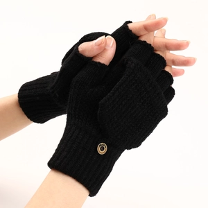 Detail of black knitted convertible gloves with button closure and rib cuffs