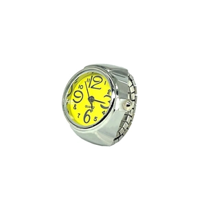 Creative silver finger watch ring with bright yellow dial and elastic metal band
