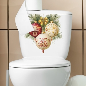 Christmas toilet lid sticker featuring festive red and gold pine needles ornaments
