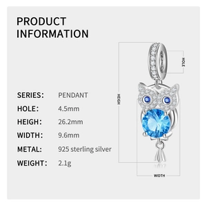 Detailed specs of the 925 sterling silver blue owl charm with dimensions and material info