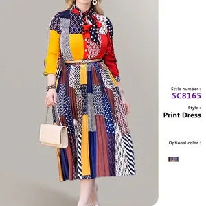 Women Patchwork Printed Pleated Maxi Dress Elegant Long Sleeve Bow Tie Neck With Belt Polyester A-Line Fashion