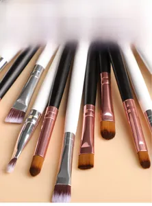 Detailed macro view of professional makeup brushes with thickened aluminum tubes and soft bristles