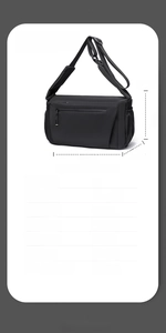 Detailed view of waterproof oxford messenger bag with size specs and techwear design