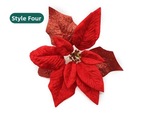 Détail de fleur de Noël rouge avec pétales en velours et finition pailletée brillante