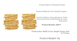 Detailed view of irregular 18k gold plated earrings with a hammered texture and 22mm size