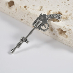 Gothic pistol-shaped stainless steel barbell earring with vintage silver industrial finish