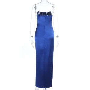 Detail view of royal blue satin gown back with invisible zipper and smooth texture