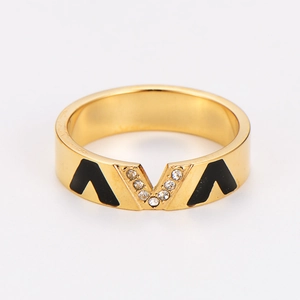 Minimalist gold ring with black enamel V-shape pattern and pavé zircon settings