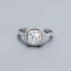 Elegant S925 sterling silver halo ring with large square zircon and brilliant pave accents