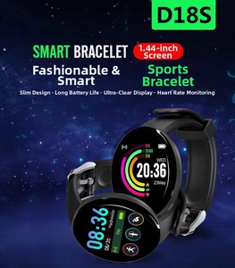 D18S smart sports watch showing 1.44 inch round color screen with heart rate data
