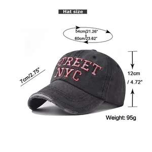 Detailed size chart for washed denim NYC baseball cap with 54-60cm head circumference