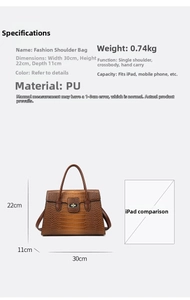 Detailed size guide for crocodile pattern handbag with iPad size comparison