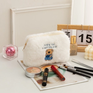White plush bear makeup bag with 'I WISH YOU A BETTER DAY' embroidery and zipper closure