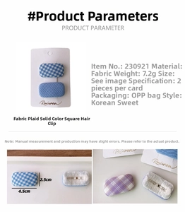 Detail view of macaron color fabric plaid hair clips with measurements in centimeters