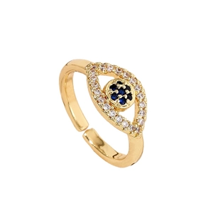 18K gold plated evil eye adjustable open ring with blue stone and white zircon stones