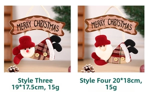 Detail of Santa and snowman plush ornaments with Merry Christmas signs and festive plaid fabric
