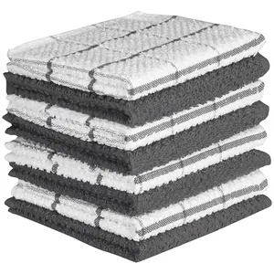 Set of 8 premium cotton waffle weave kitchen towels in grey and white plaid pattern