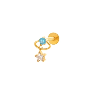 Gold F136 titanium labret stud with blue gem hoop and star dangle earring