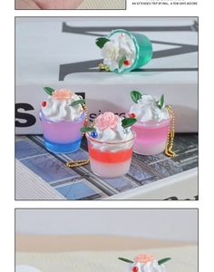 Macro shot of colorful resin mini cream dessert keychains with golden bead chains