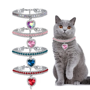 Pet Collar Necklace Luxury Rhinestone Heart Gemstone Pendant Adjustable Jewelry For Cats Small Dogs Sparkling Princess Style