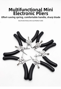 Symmetrical layout of six mini electronic pliers with black non-slip handles and springs