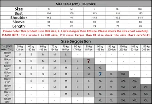 Detailed size chart for men cotton long sleeve t-shirt with EUR sizing recommendations