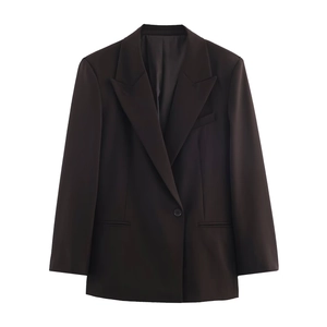 Ensemble blazer oversize marron foncé pour femme avec revers en pointe et bouton unique