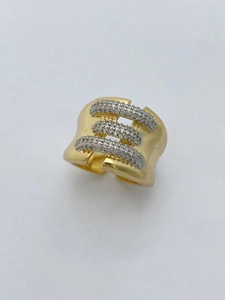 Adjustable wide gold-plated ring with three rows of sparkling cubic zirconia stones
