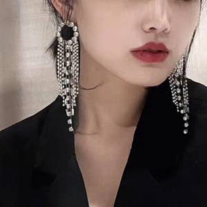 Geometric Round Rhinestone Long Tassel Dangle Earrings With 925 Sterling Silver Earring Post For Women Copper Jewelry