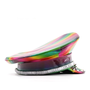 Rainbow holographic PU leather captain hat with silver studs and rhinestones for party