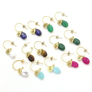 Stainless Steel Gold Plated Tree Of Life Dangle Earrings For Women Bohemian Natural Stone Oval Pendant Drop Jewelry Earrings