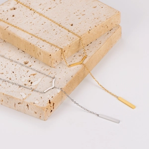 Minimalist Y-shaped stainless steel necklace with square column pendant in gold and silver