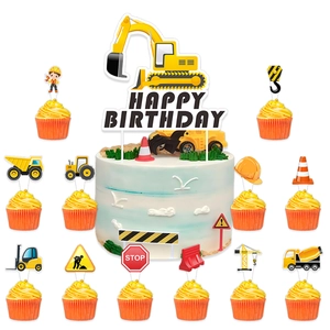Construction theme kids birthday cake topper set with excavator and traffic sign motifs