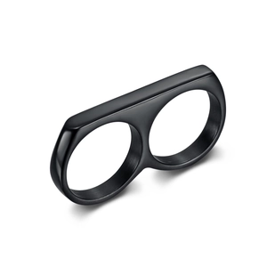 Minimalist matte black stainless steel double finger ring shown from a 45-degree angle