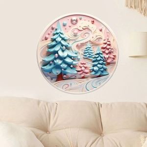 Detail of 3D embossed Christmas wall sticker featuring snow scene on home living room wall