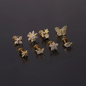 8pcs gold stainless steel 16G labret stud set with micro-set zircon in various shapes