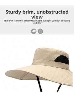 Detail of wide brim sun hat with breathable mesh side panels and windproof cord