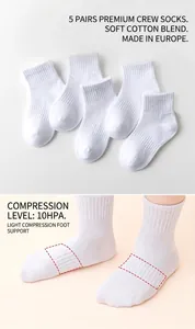 Detailed view of 5-pack white mid-calf cotton socks with 10HPA arch support compression